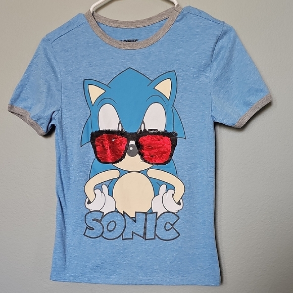 Sonic The Hedgehog Sequin Glasses Kids Blue Short Sleeve Ringer T-Shirt - Picture 1 of 7